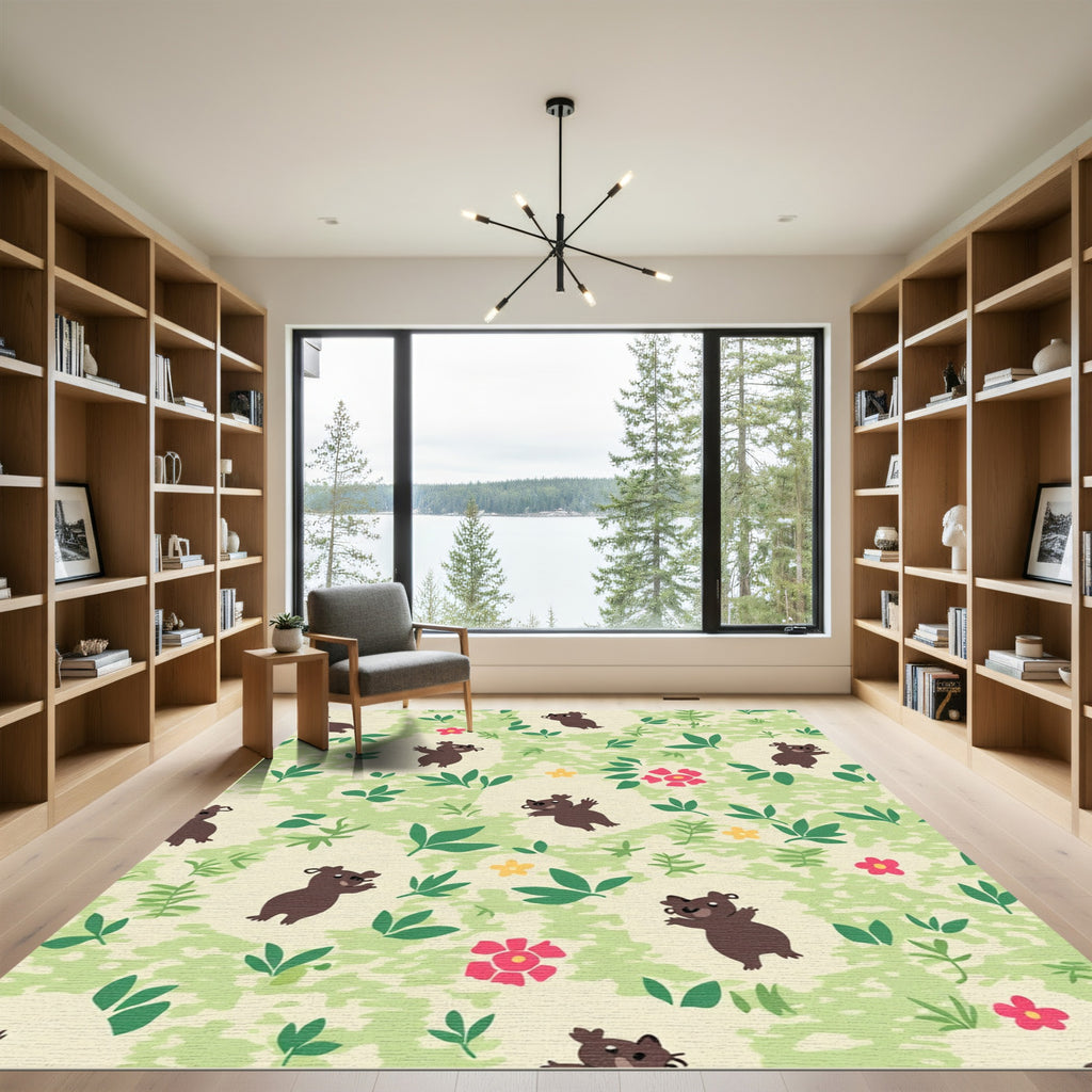 Cute Brown Bear Meadow Flowers Rug