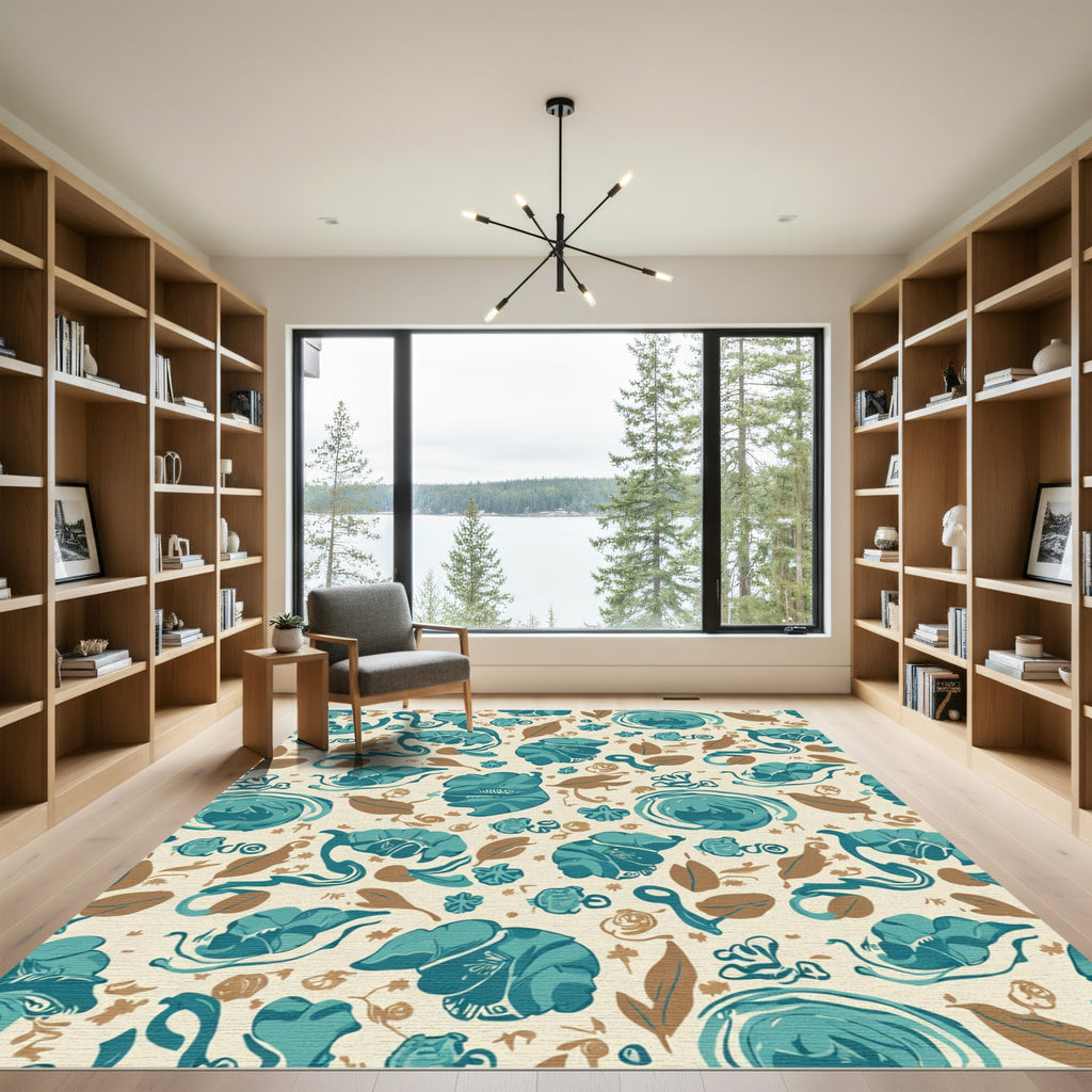 Teal Blue Golden Leaf Swirl Rug