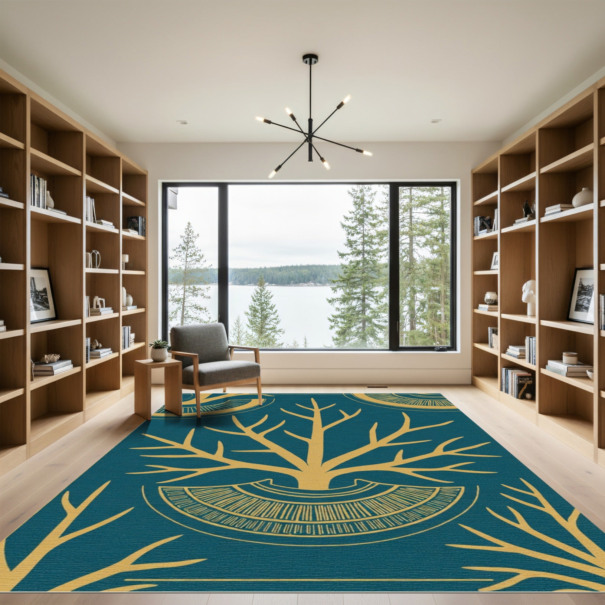 Teal Gold Stylized Tree Medallion Rug