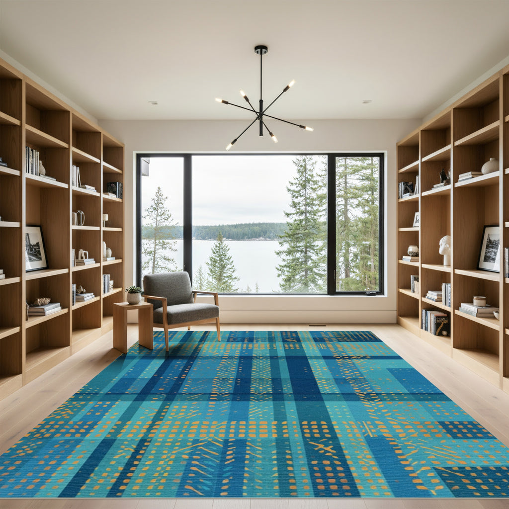 Abstract Blue Orange Plaid Rectangle Overlay Rug