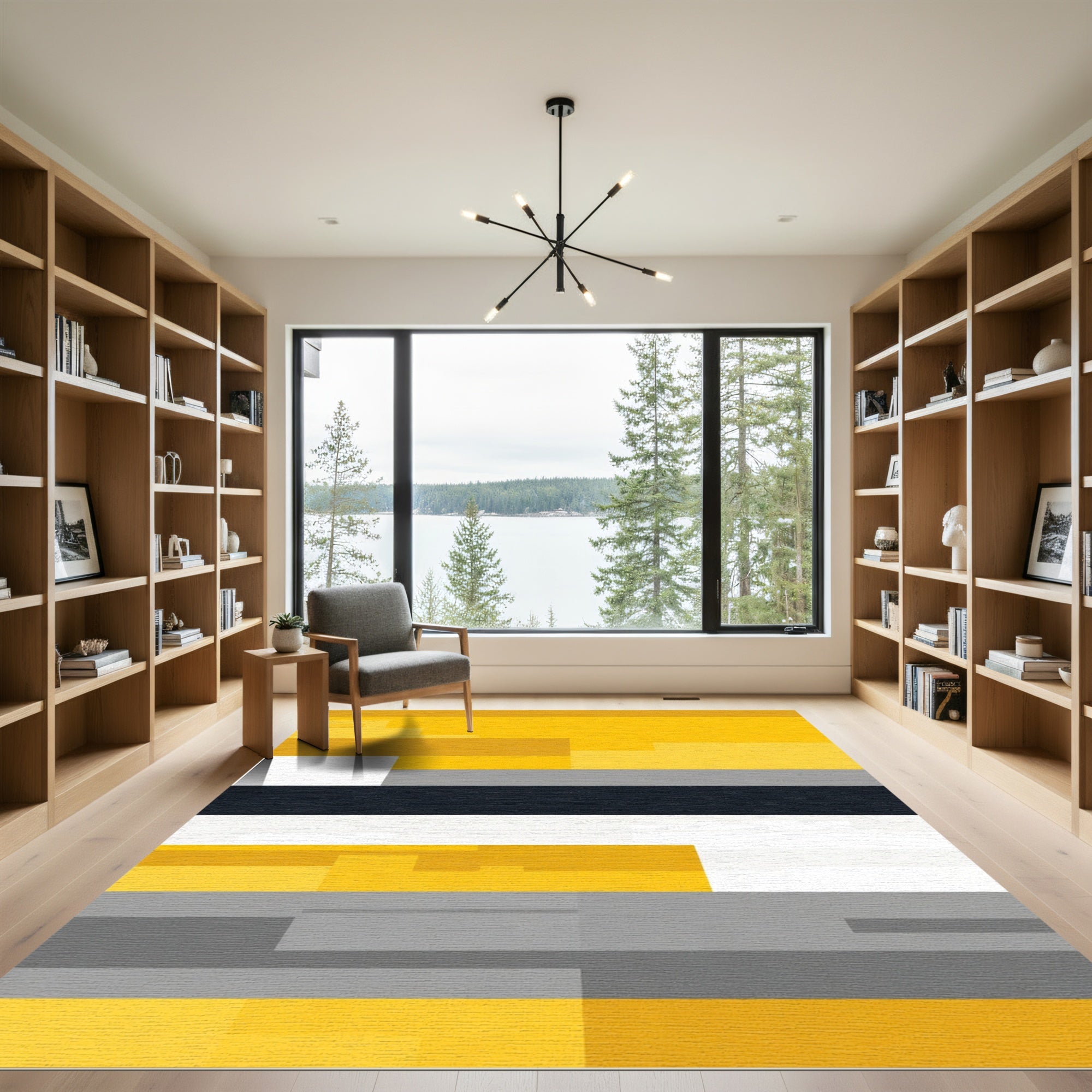Golden Yellow Gray Geometric Blocks Rug