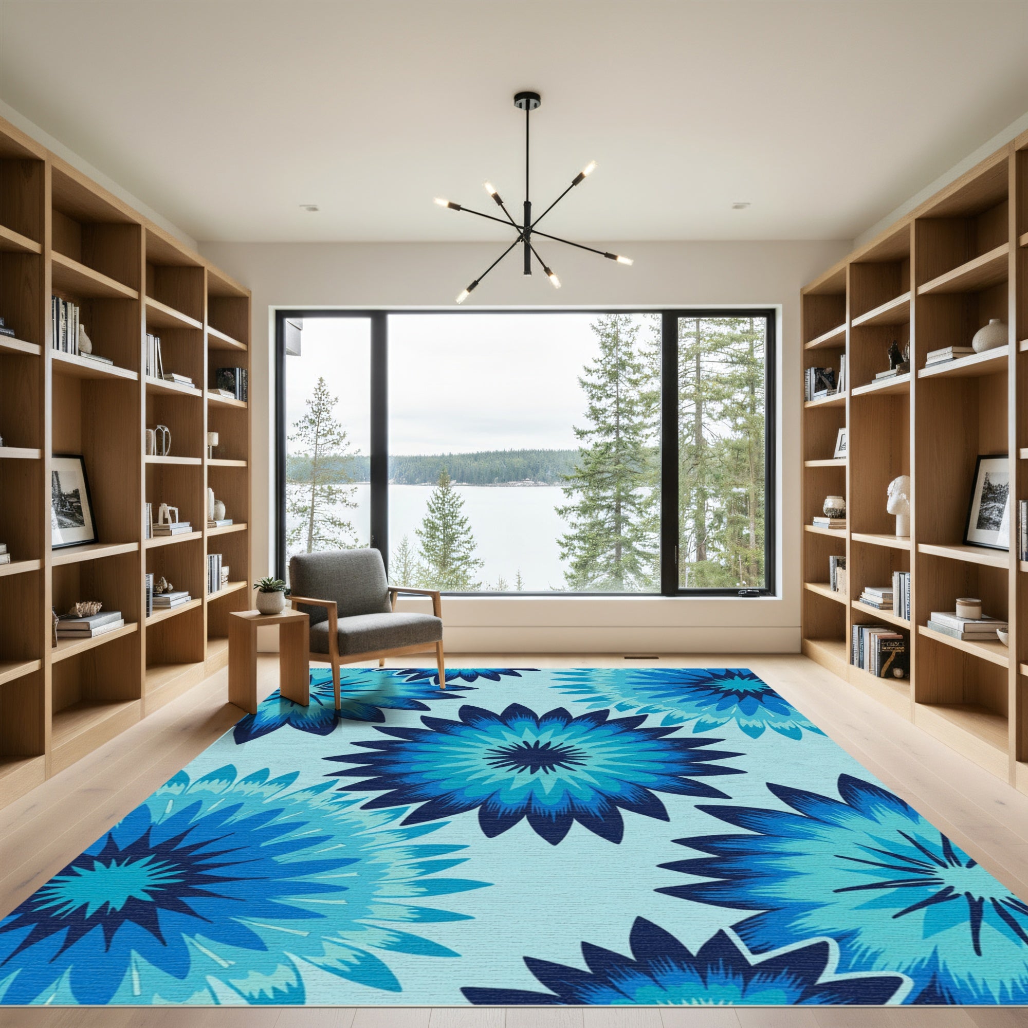 Deep Blue Layered Floral Burst Rug