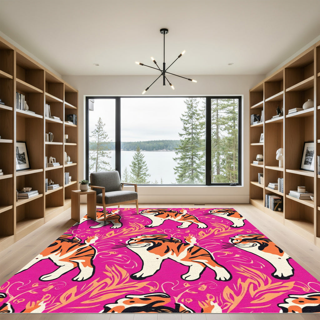 Cheeful Orange Tiger Jungle Pink Rug