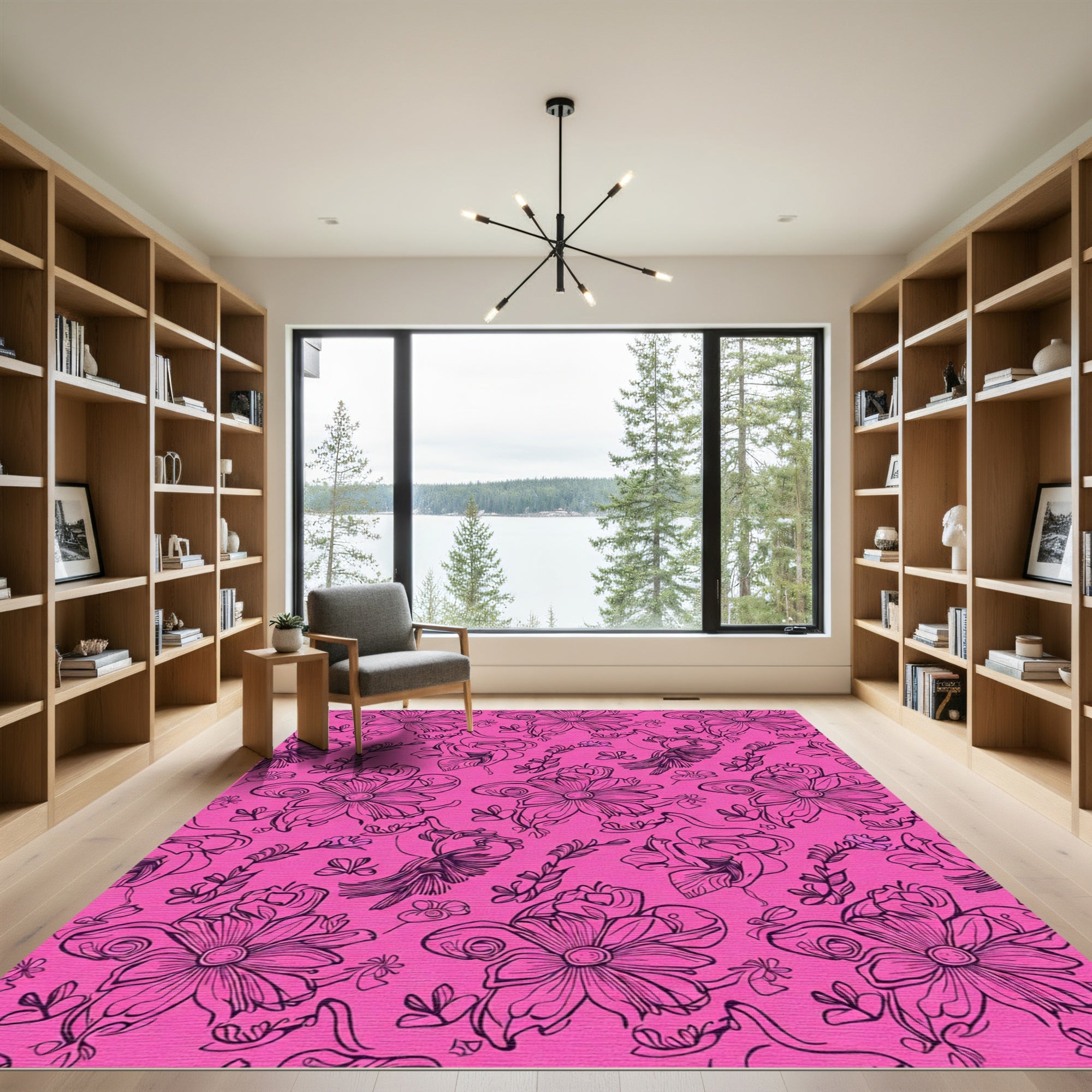 Vibrant Pink Outline Floral Cluster Rug