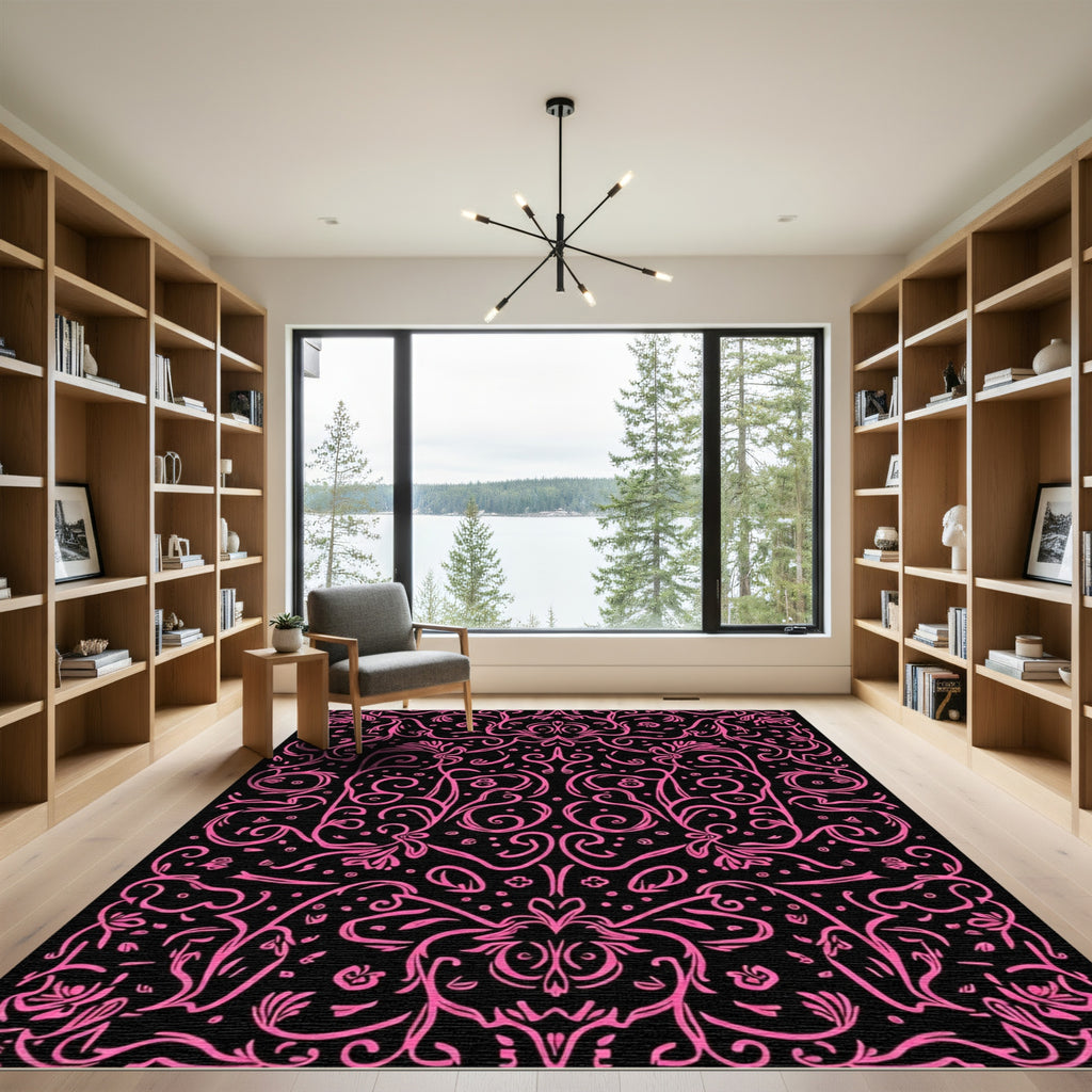 Bright Pink Flourish Damask Rug