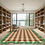 Brown Tan Plaid Gingham Pinecone Border Rug
