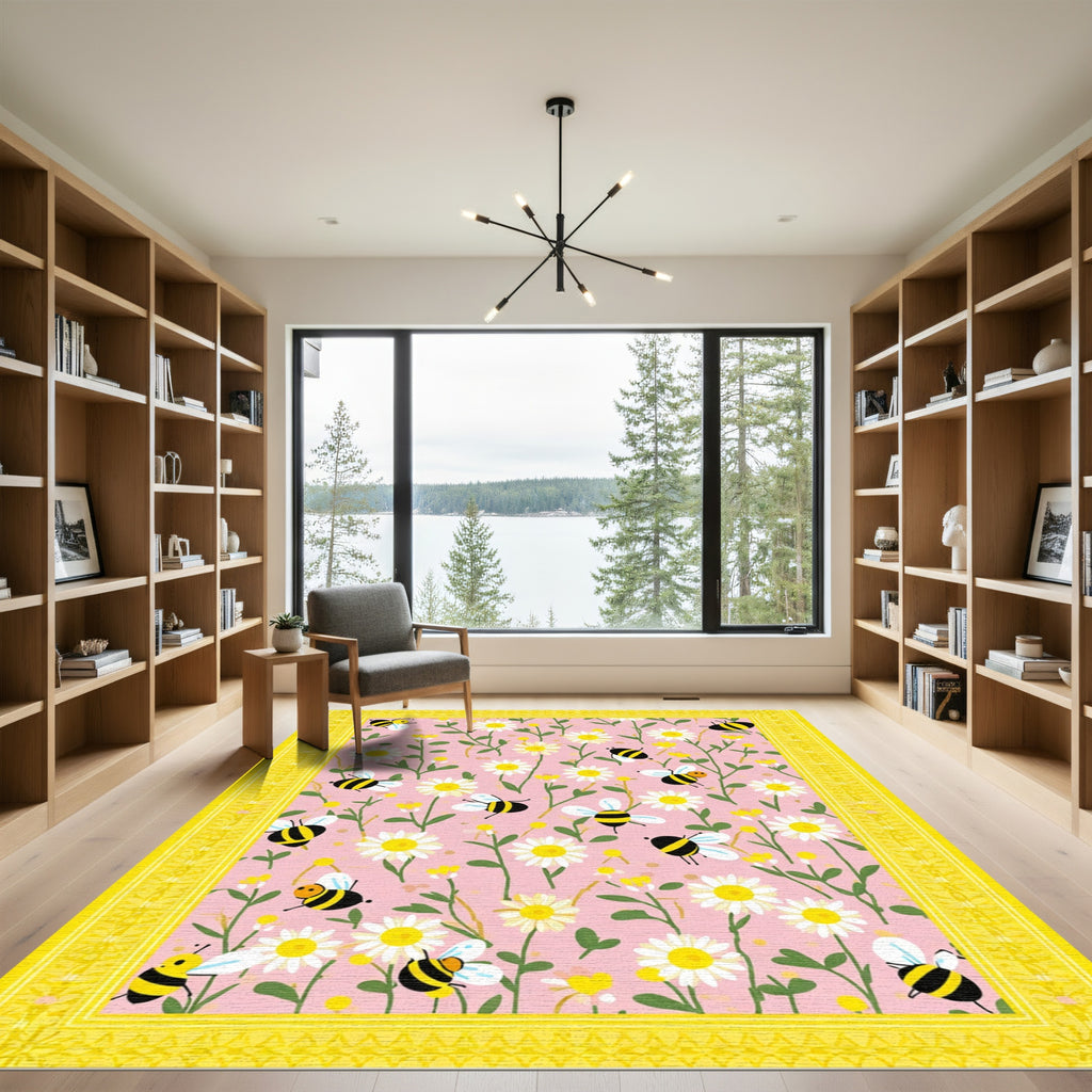 Pink Daisy Bee Garden Whimsical Rug