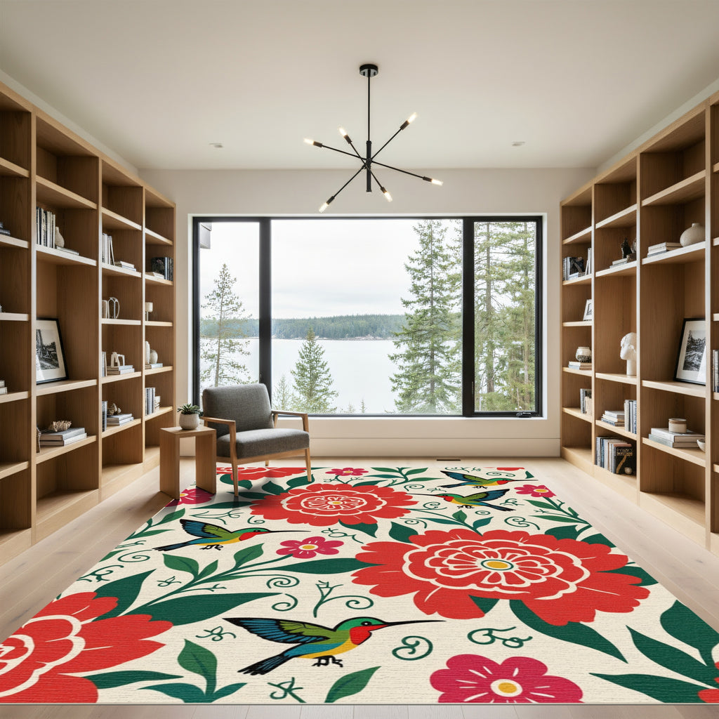 Crimson Floral Birds Whimsical Garden Rug