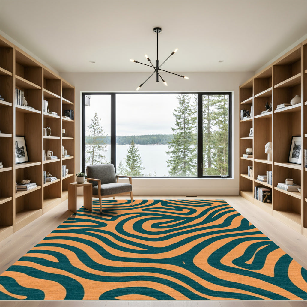 Deep Teal Orange Wavy Stripe Rug