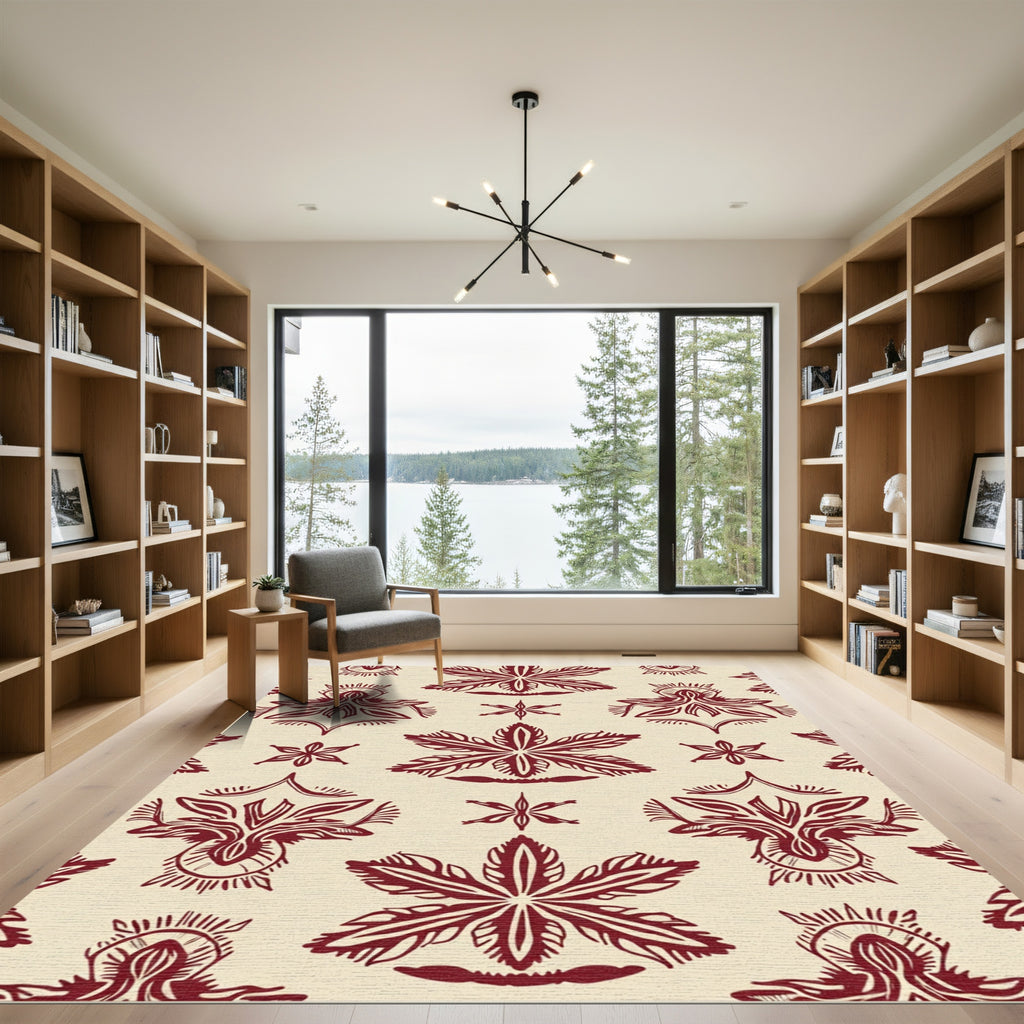Deep Red Floral Damask Scroll Rug