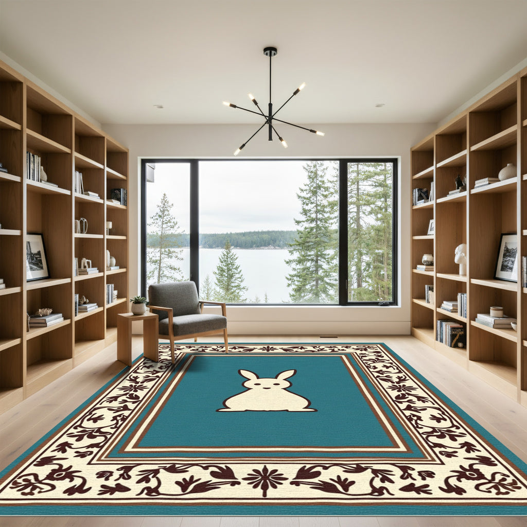 Teal Bunny With Floral Border Rug