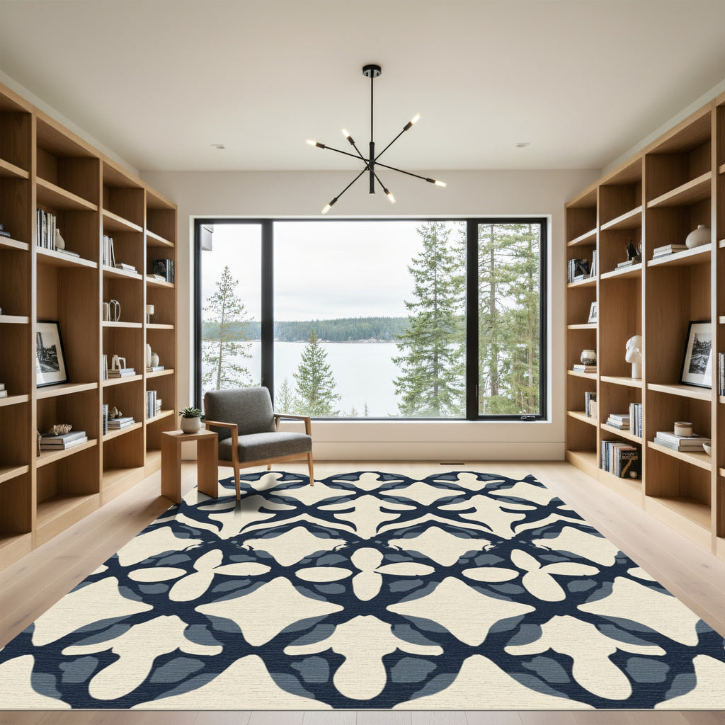Indigo Blue Quatrefoil Lattice Rug