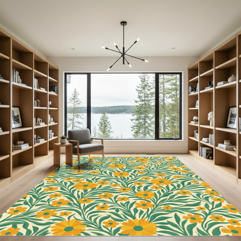 Golden Yellow Floral Vine Composition Rug