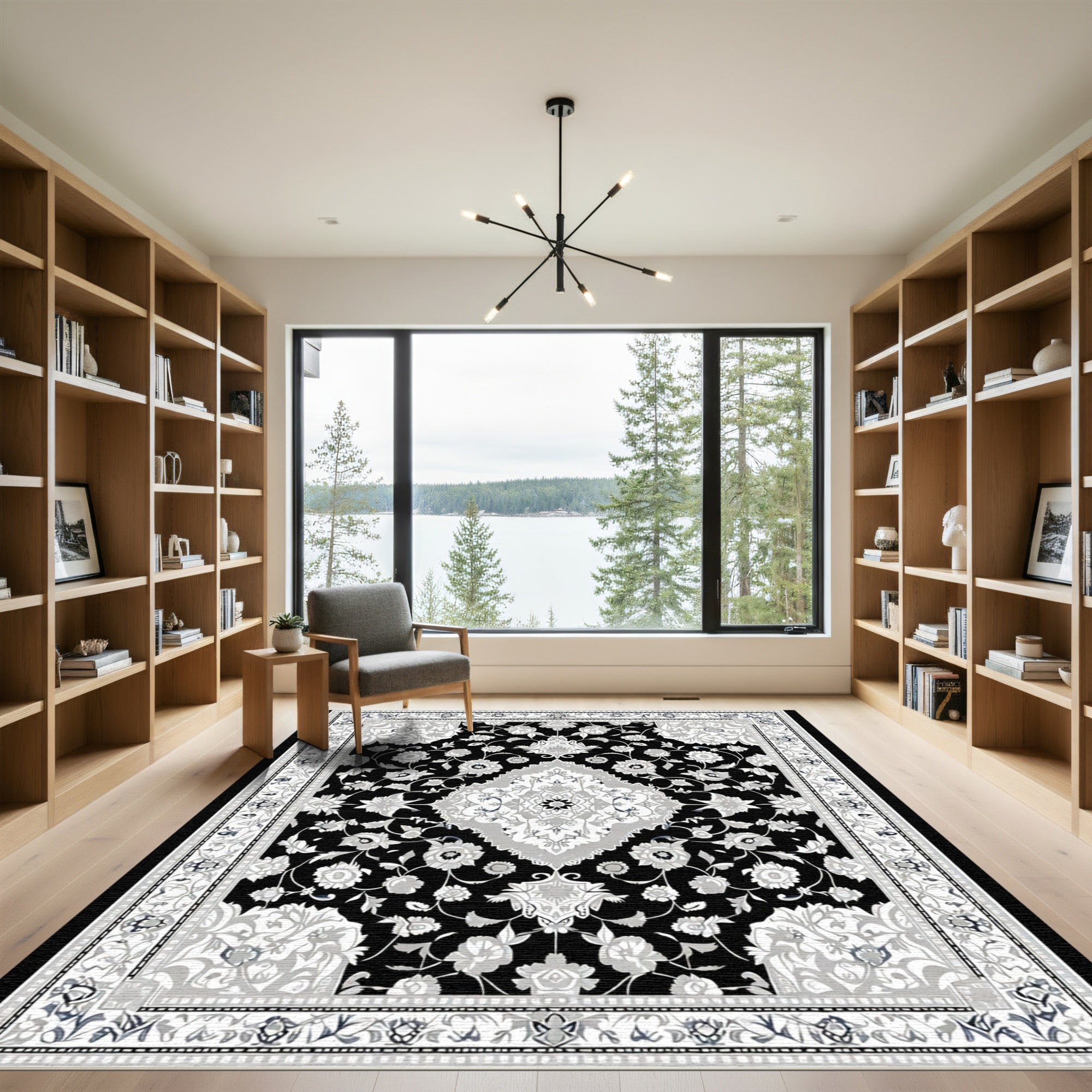 Monochromatic Ornate Floral Medallion Rug