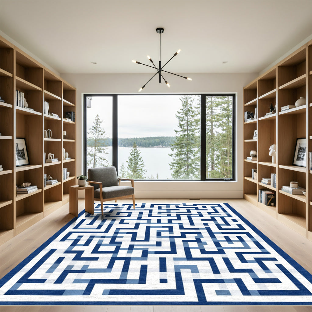 Geometric Blue Maze Linework Rug