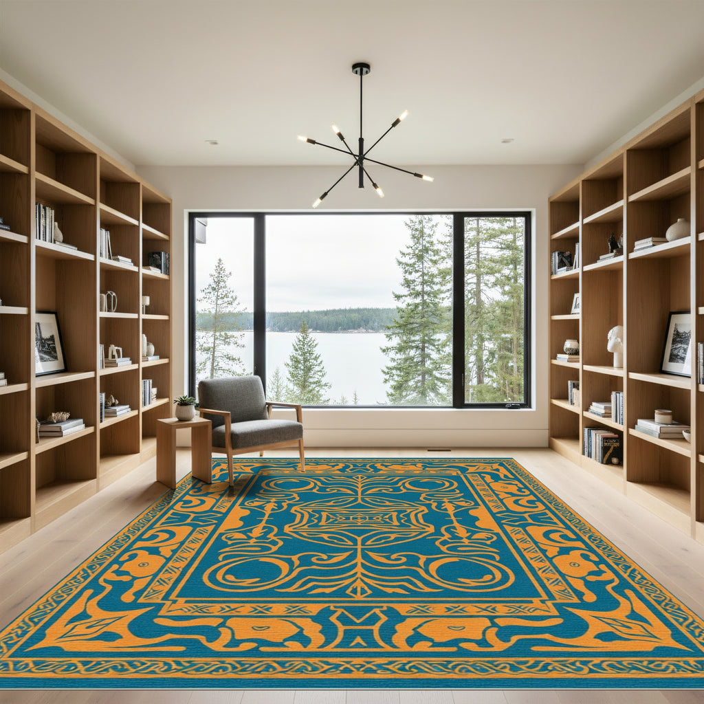 Teal Orange Ornamental Scroll Medallion Rug
