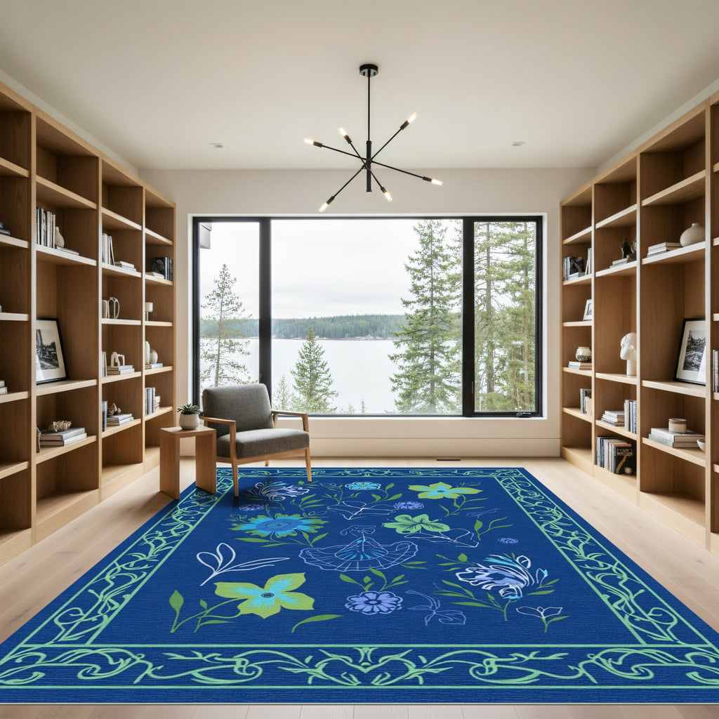 Blue Green Floral Scroll Border Rug