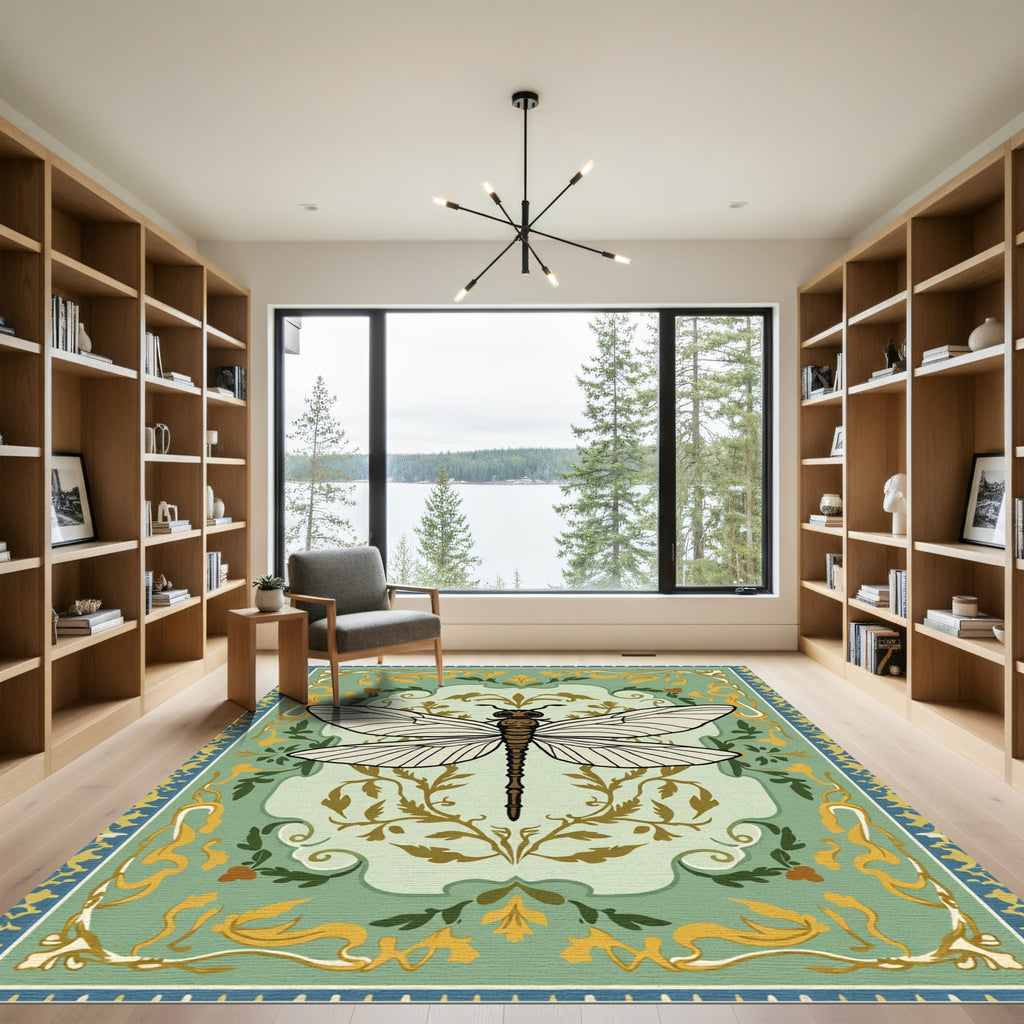 Emerald Dragonfly Floral Scroll Rug