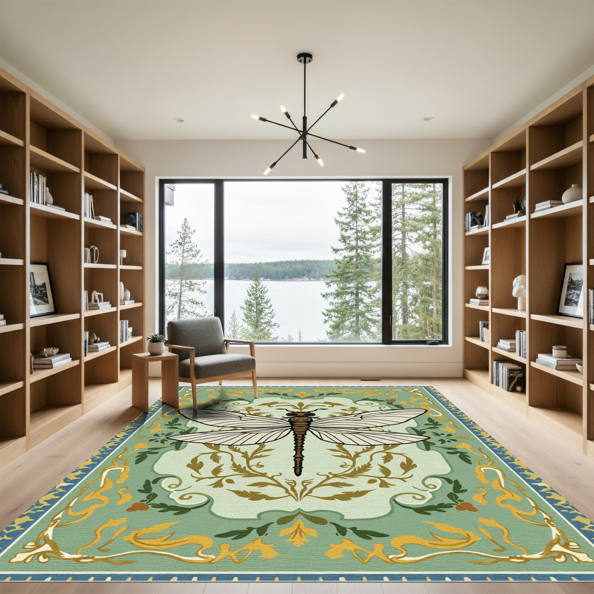 Emerald Dragonfly Floral Scroll Rug