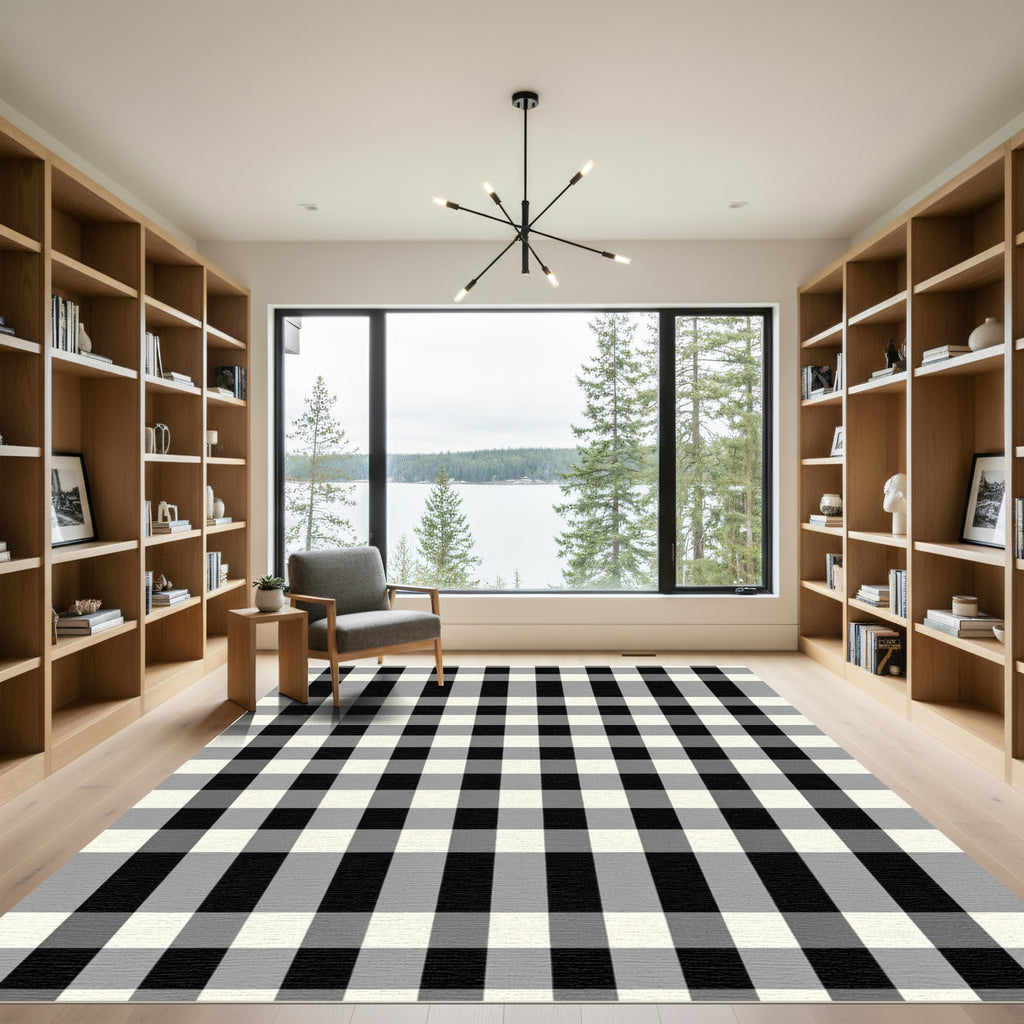 Black White Cream Gingham Plaid Rug