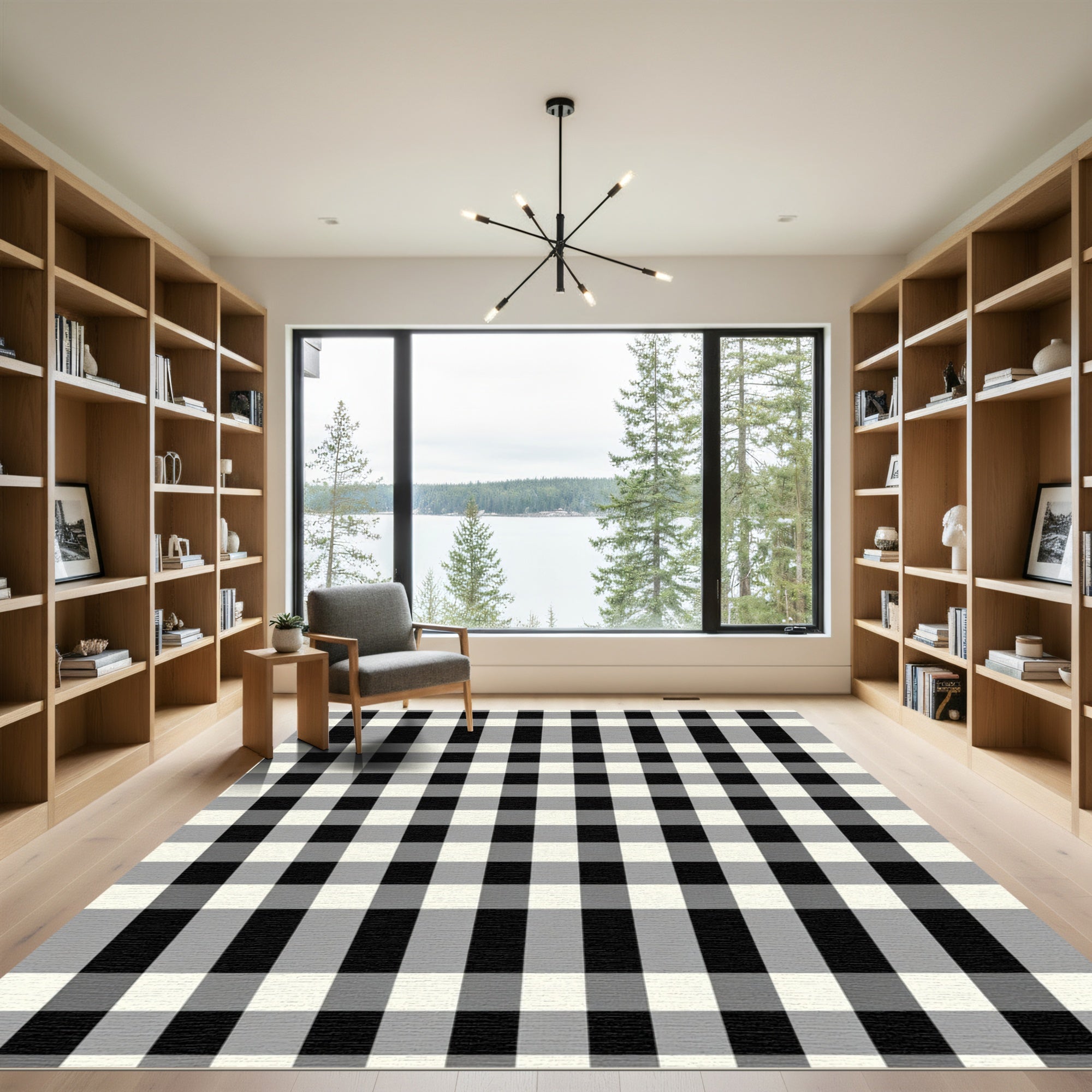 Black White Cream Gingham Plaid Rug