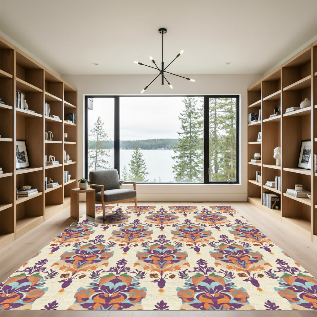 Purple Orange Teal Floral Damask Wallpaper Rug