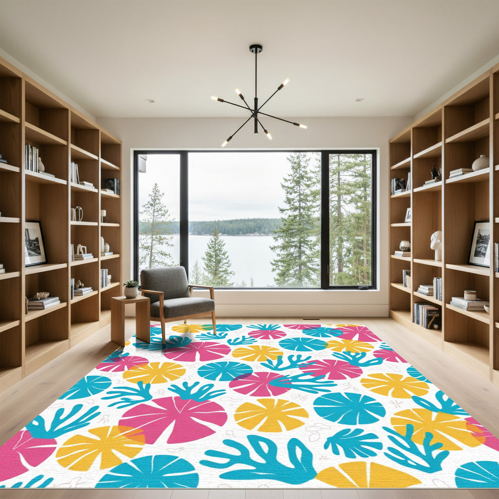 Bright Pink Yellow Teal Floral Burst Rug