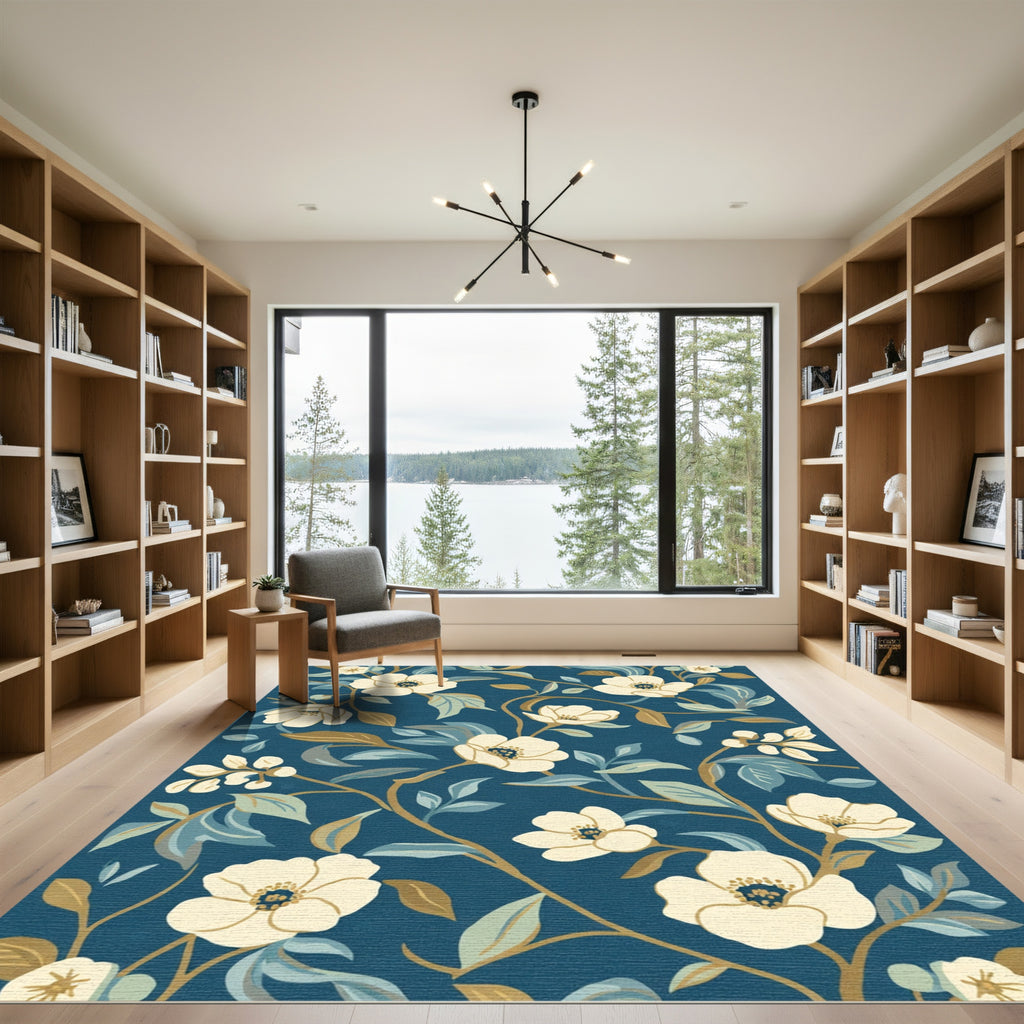Cream Blossom Vines on Deep Blue Rug