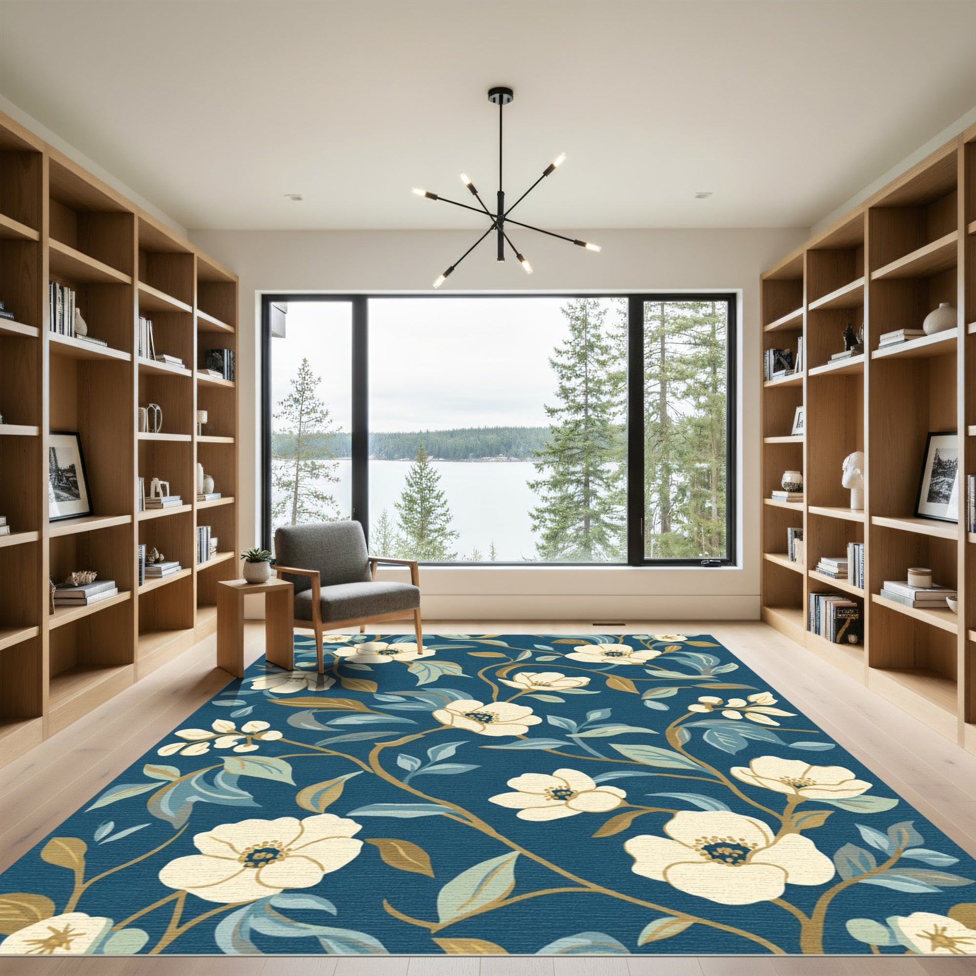Cream Blossom Vines on Deep Blue Rug