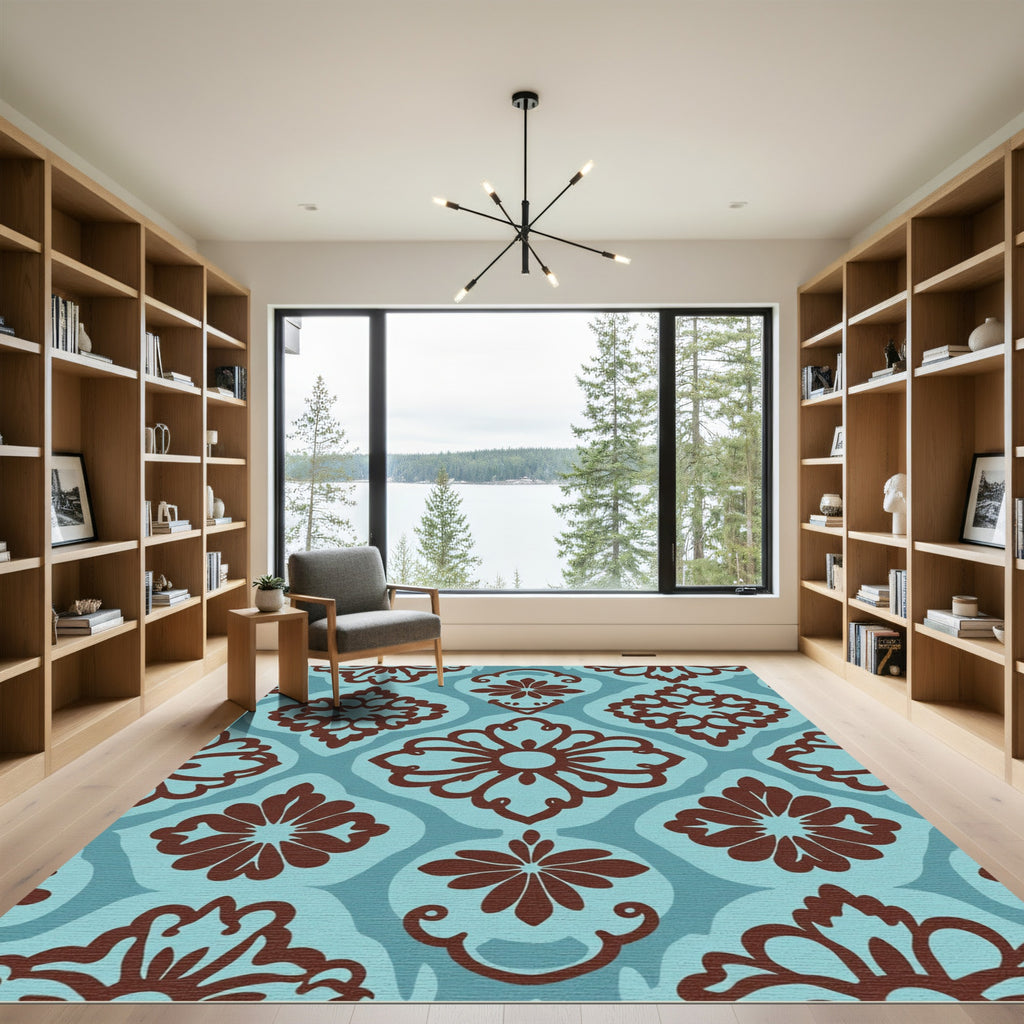 Blue Brown Floral Medallion Damask Rug