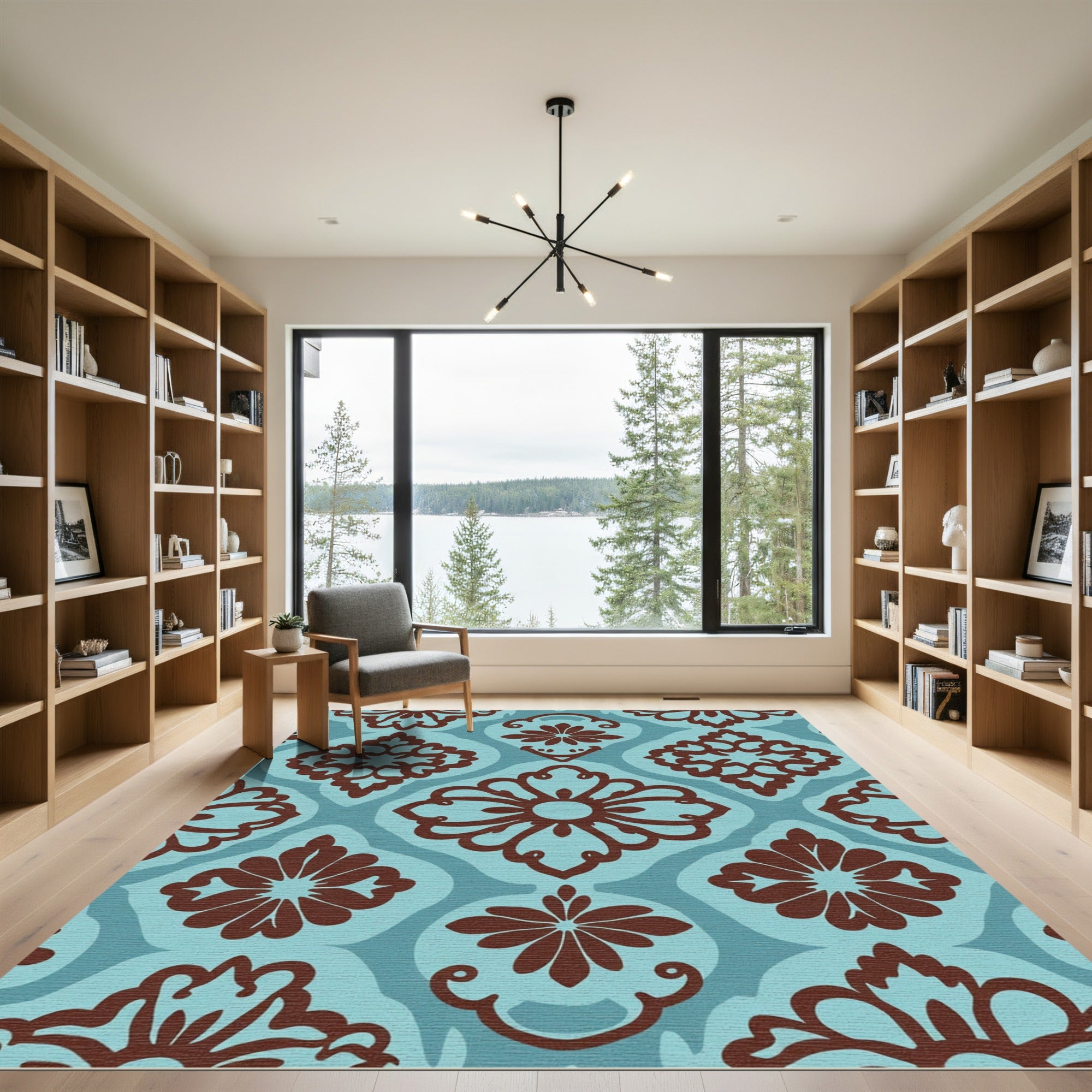 Blue Brown Floral Medallion Damask Rug