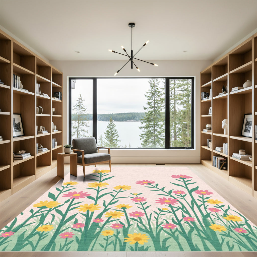 Yellow Pink Wildflower Meadow Scene Rug