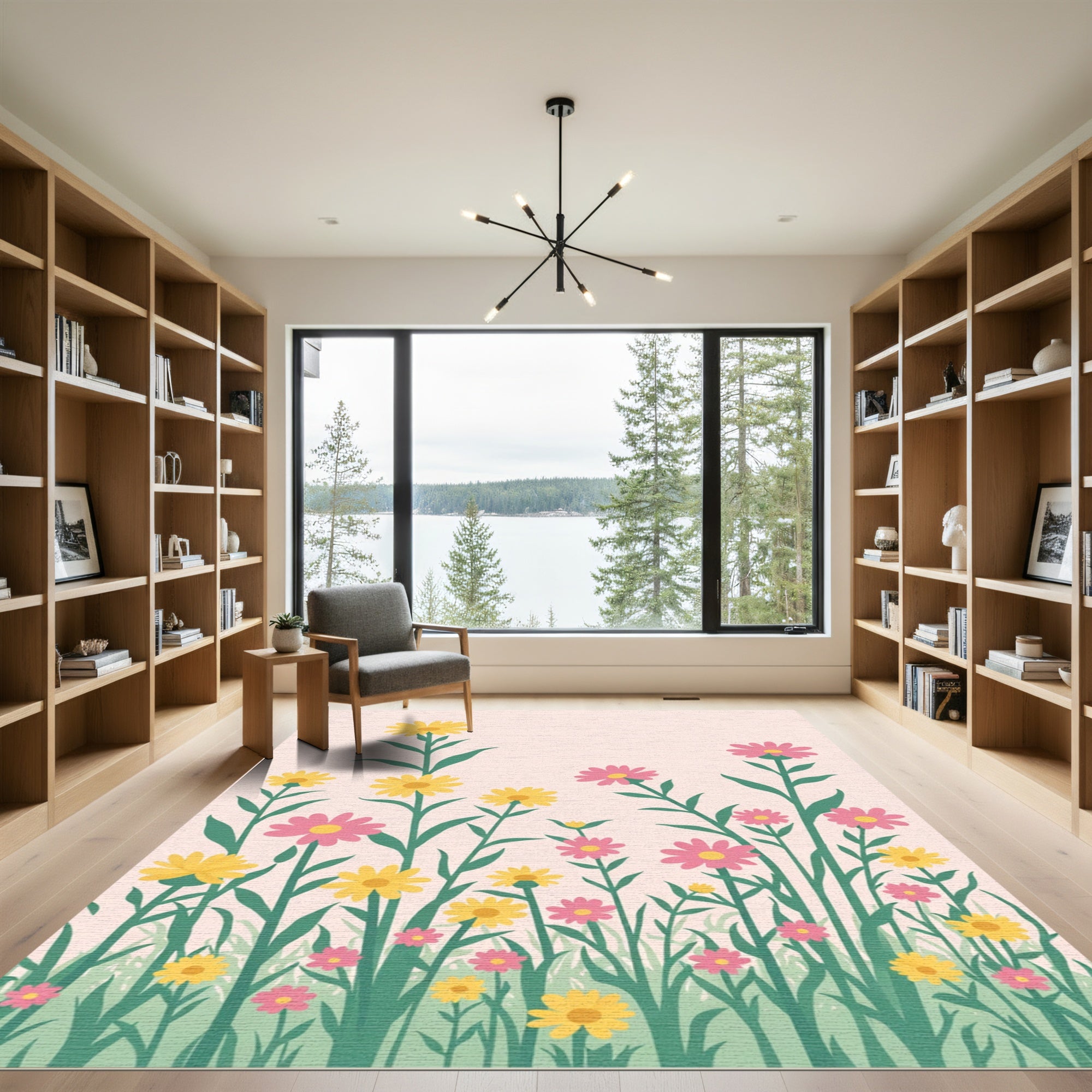 Yellow Pink Wildflower Meadow Scene Rug