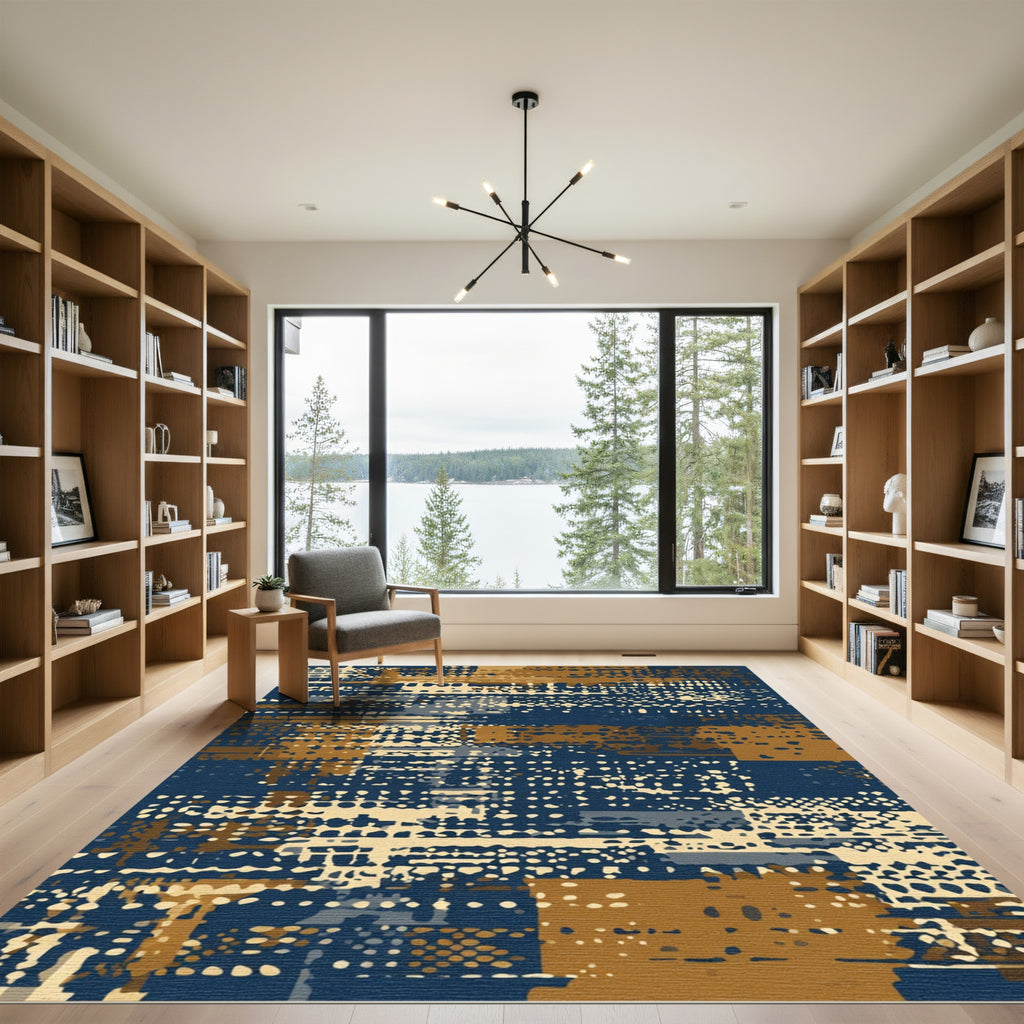 Abstract Blue Ochre Dot Collage Rug