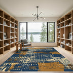 Abstract Blue Ochre Dot Collage Rug