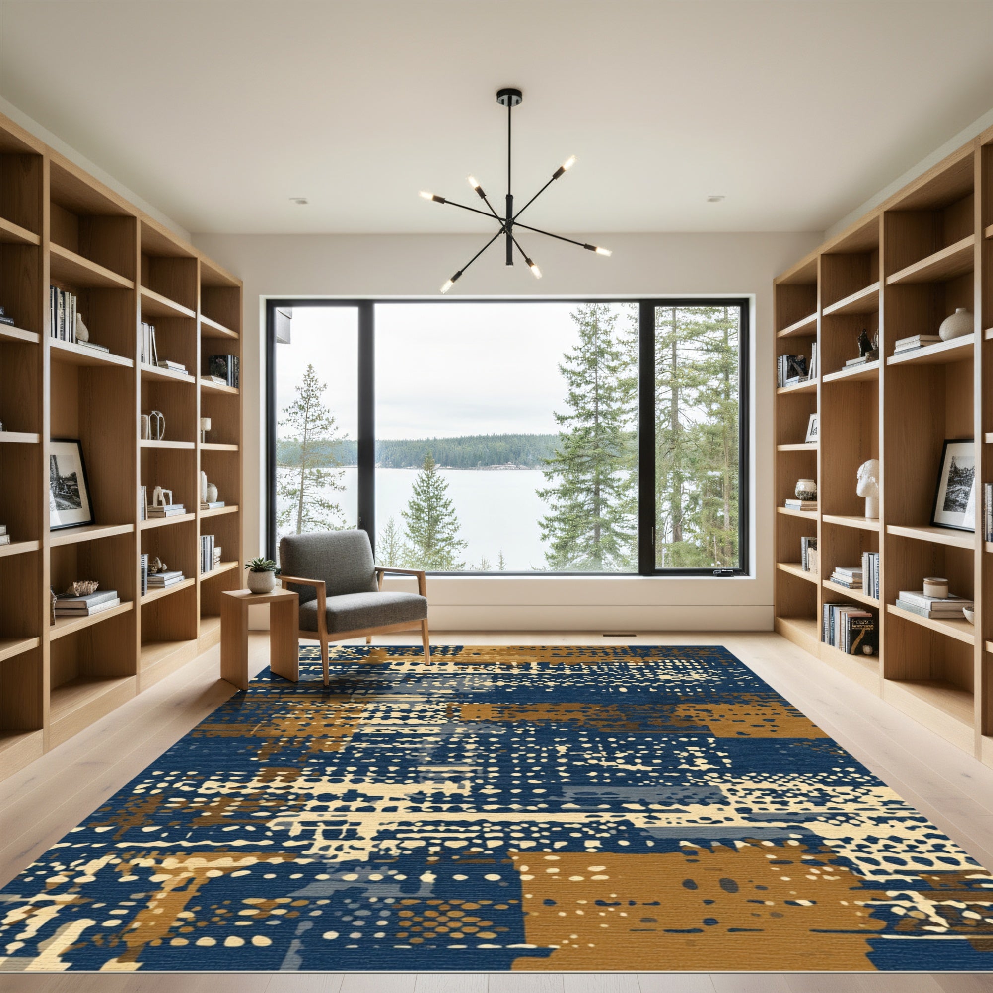 Abstract Blue Ochre Dot Collage Rug