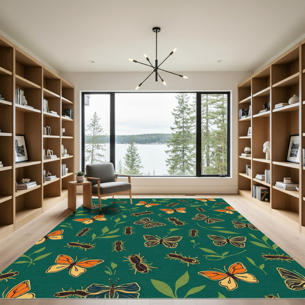 Orange Yellow Butterfly Leafy Background Rug
