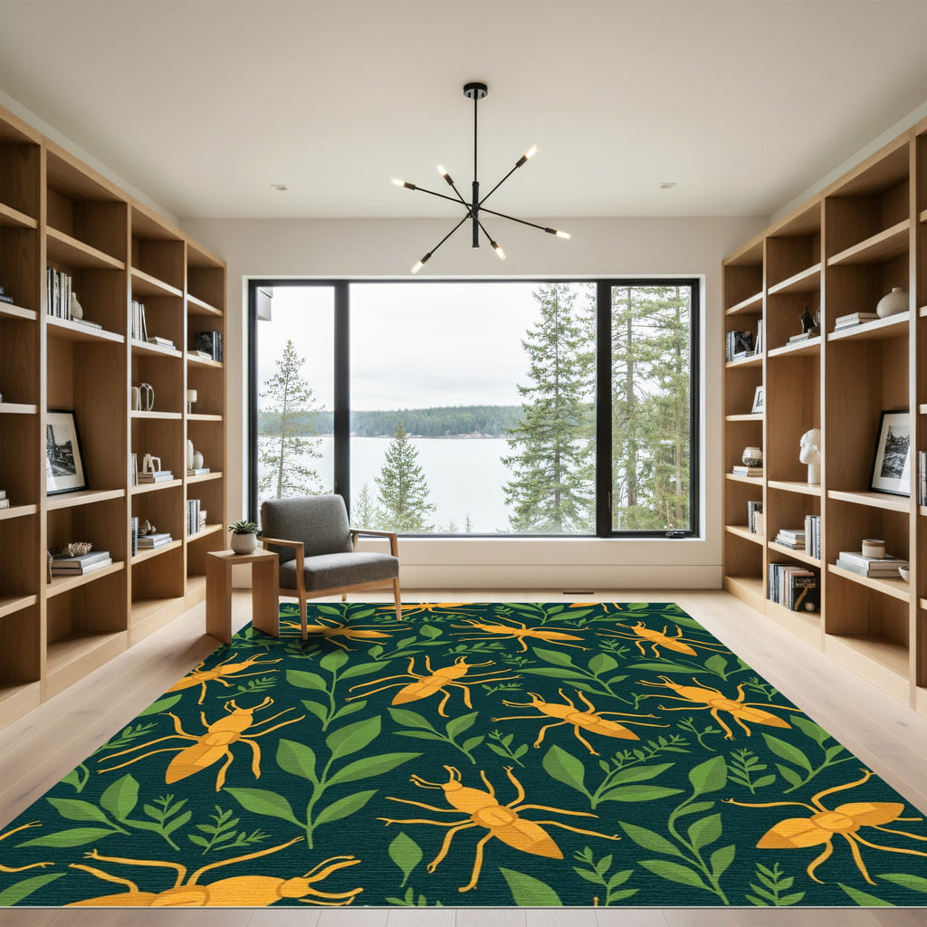 Golden Insect Green Leaf Whimsical Rug