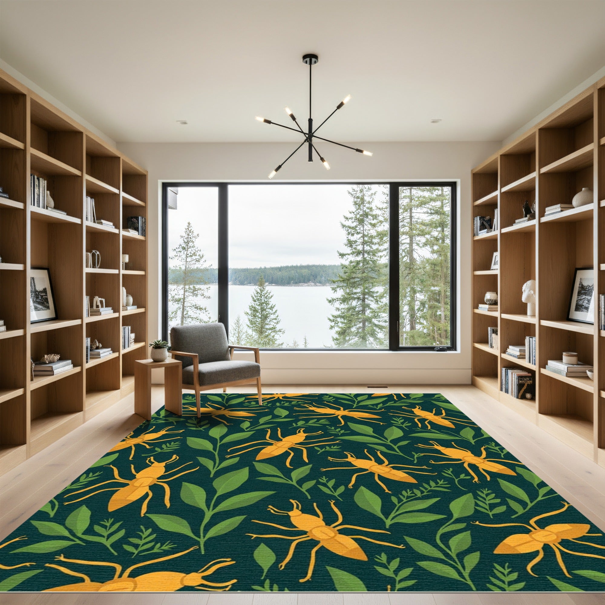Golden Insect Green Leaf Whimsical Rug