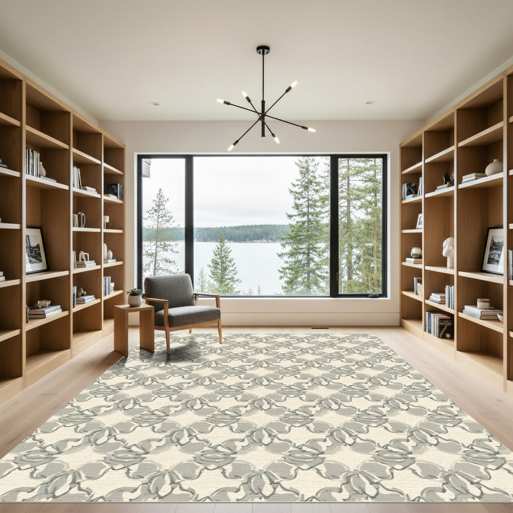 Soft Gray Floral Lattice Rug