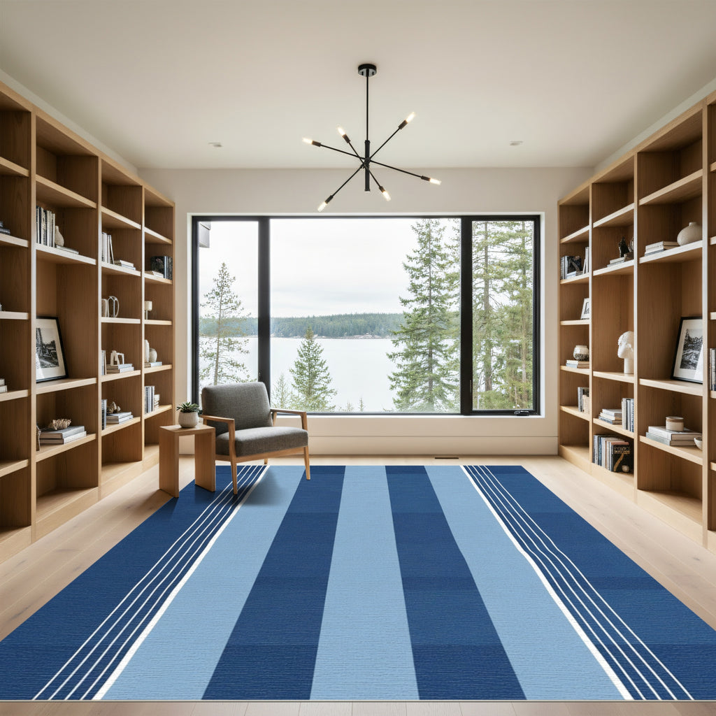 Deep Blue Multi-Stripe Hand-Drawn Rug
