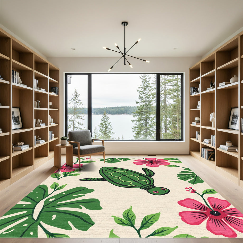 Green Turtle Tropical Floral Immersion Rug