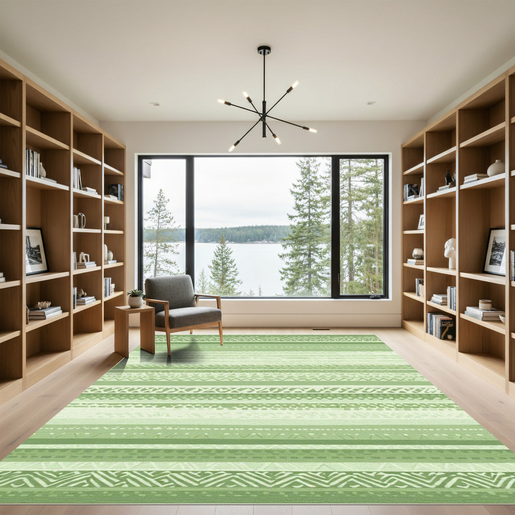 Muted Green Striped Geometric Blend Rug