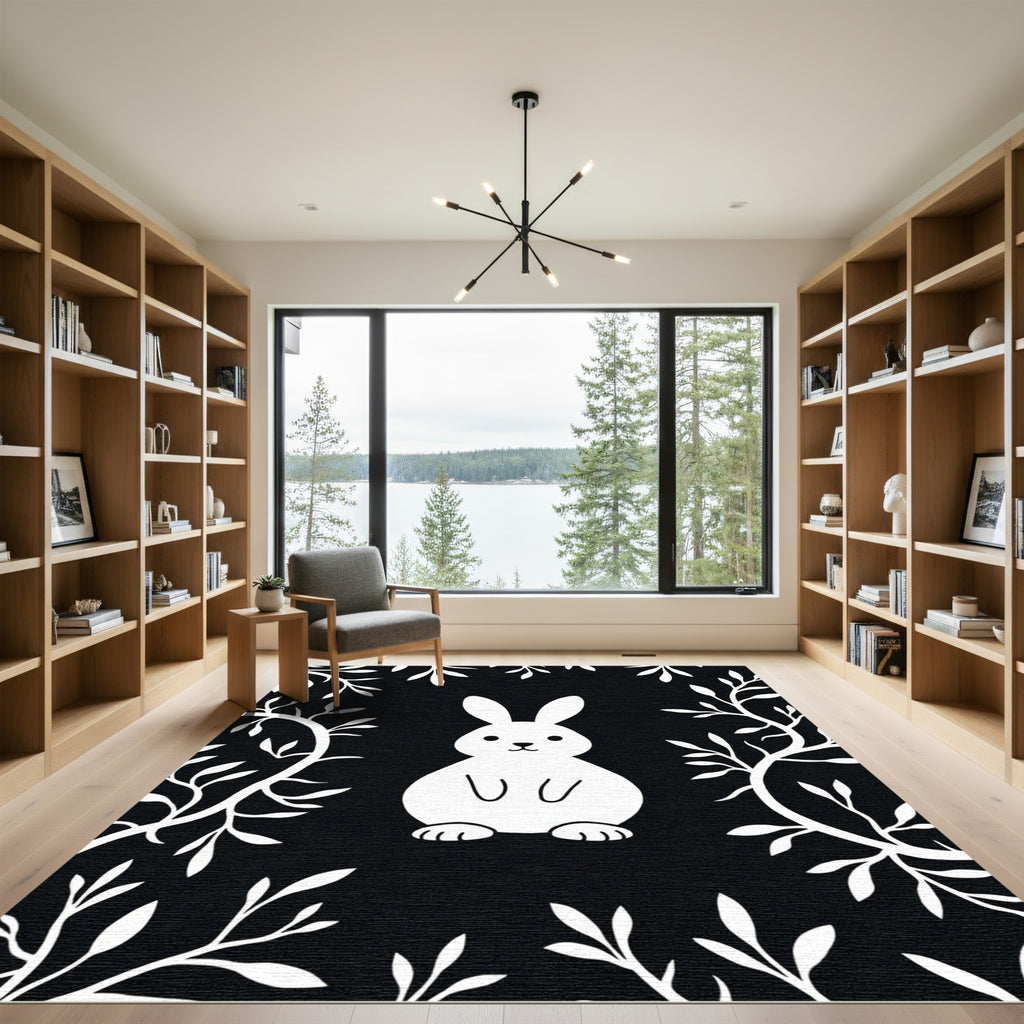 Cute White Bunny With Twig Border Rug