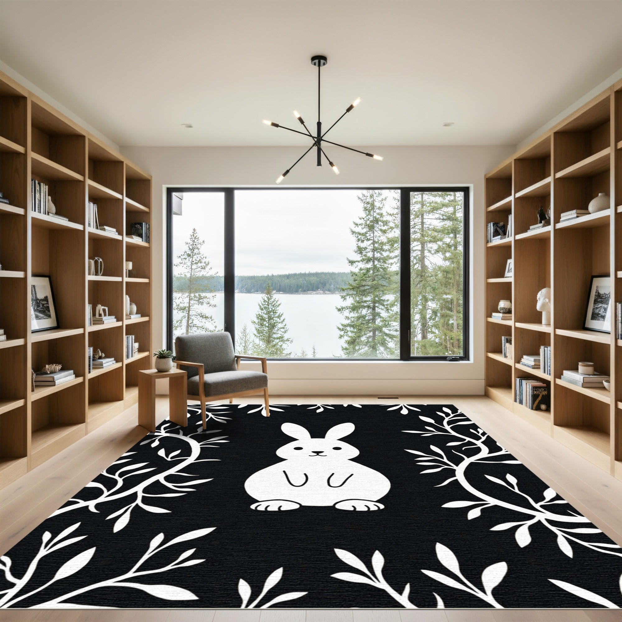 Cute White Bunny With Twig Border Rug