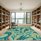 Teal Orange Floral Vine Swirls Rug