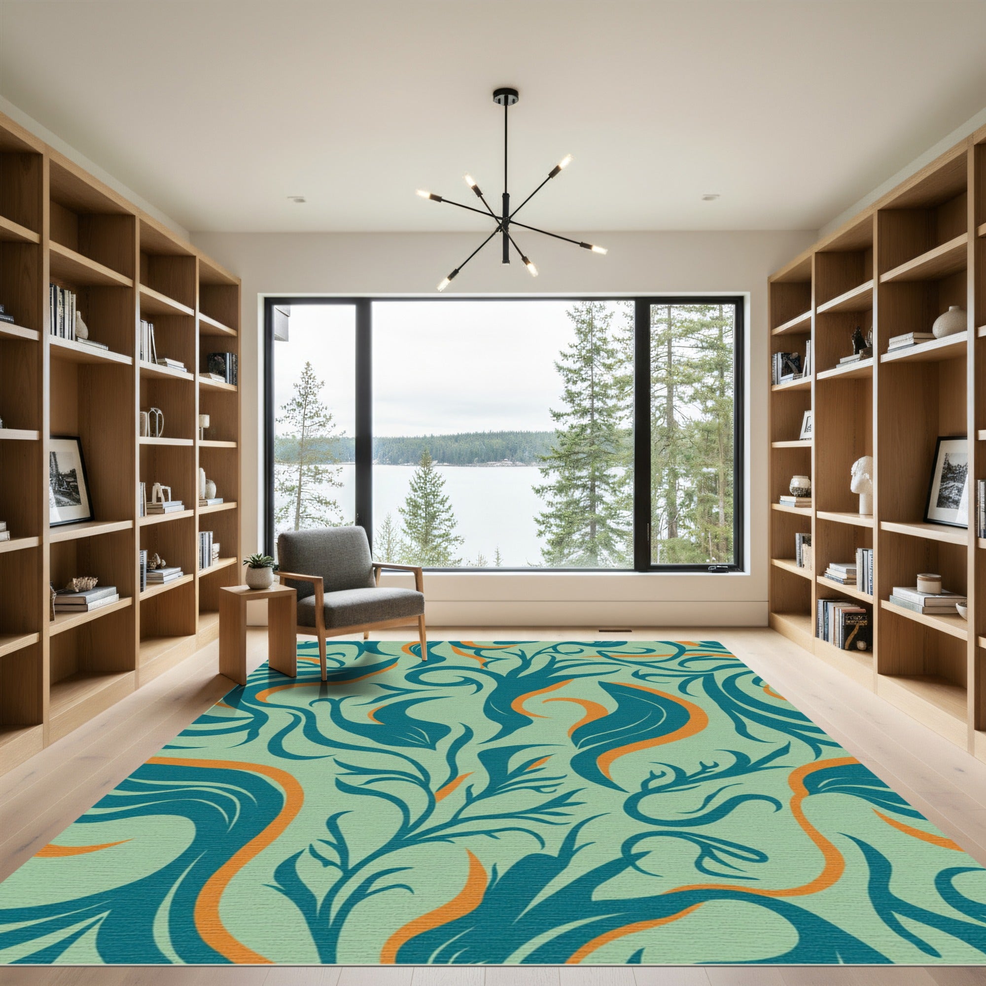 Teal Orange Floral Vine Swirls Rug