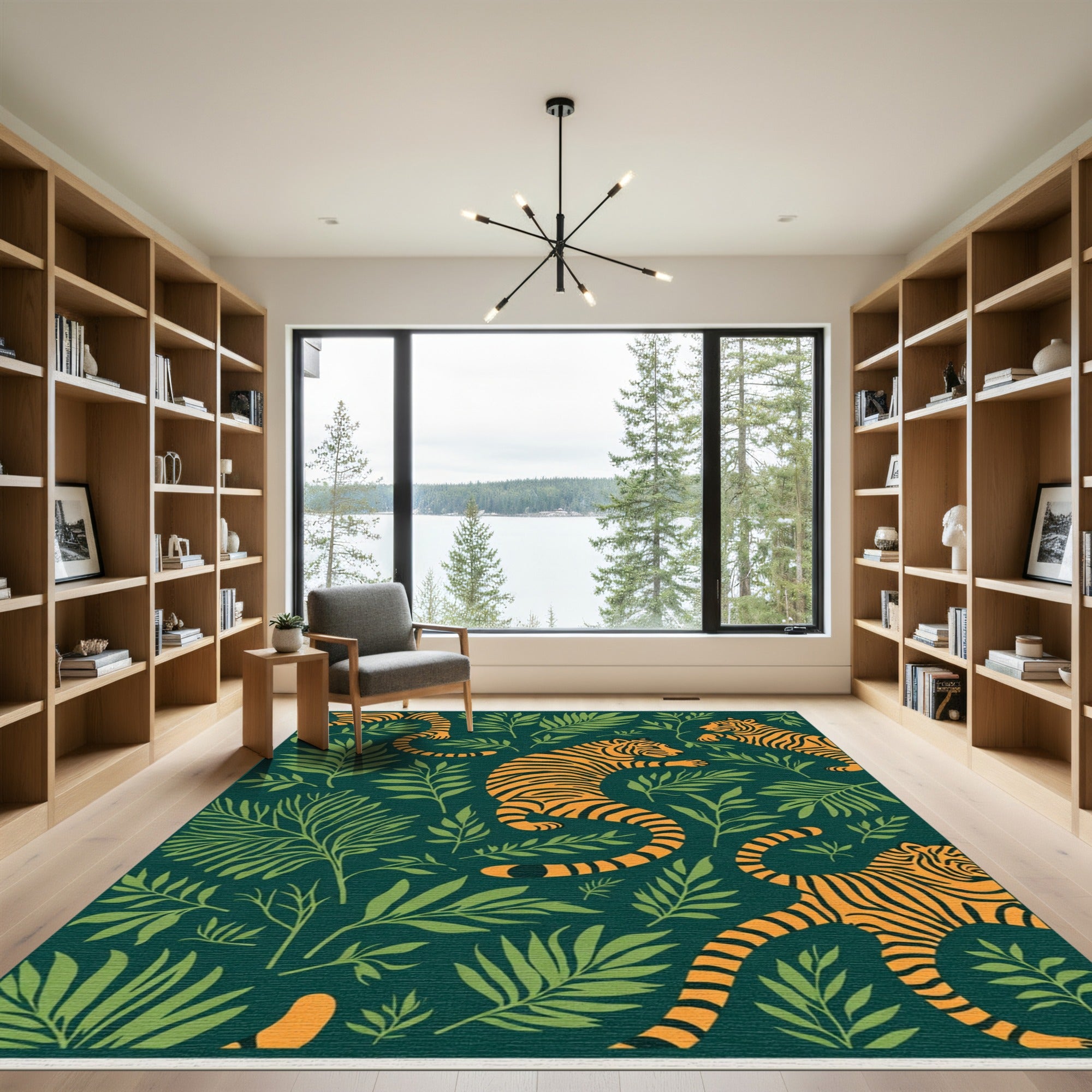 Bold Orange Tiger Jungle Leaves Rug