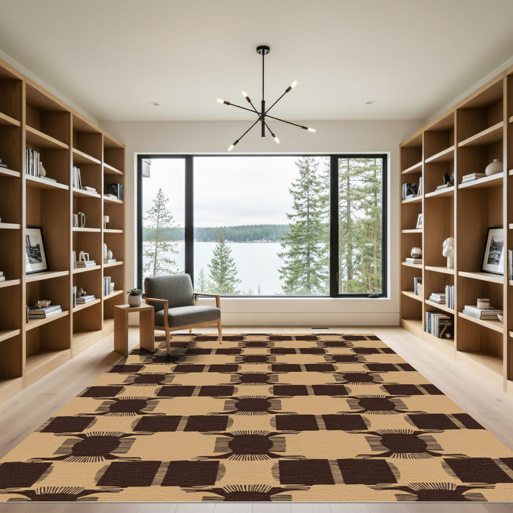 Brown Tan Checkerboard Square Motif Rug