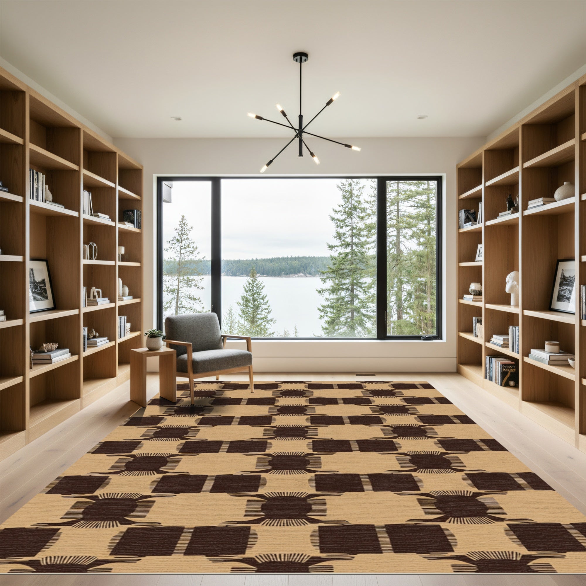 Brown Tan Checkerboard Square Motif Rug